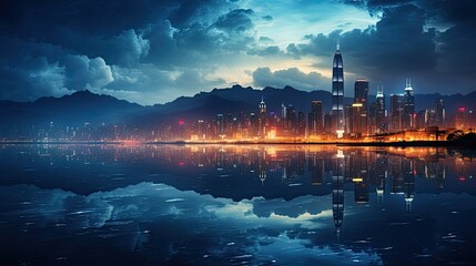 The bustling cityscape of Hong Kong, with high-rise buildings lighting up the night sky and reflecting in Victoria Harbor.