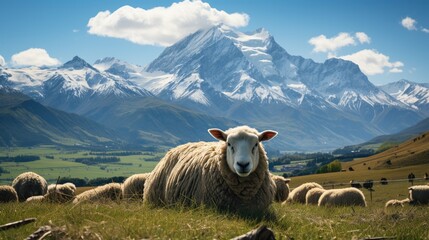 The serene landscape of a New Zealand sheep farm, with rolling green pastures and a backdrop of snow-capped mountains. - obrazy, fototapety, plakaty