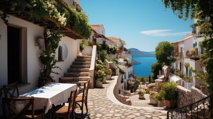 An idyllic Greek village with white stone houses nestled into a hillside, overlooking the azure Aegean Sea.