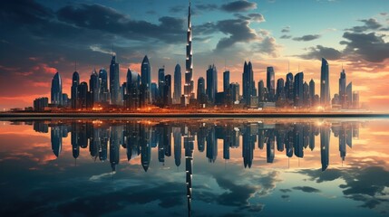 Obraz premium The vibrant skyline of Dubai at dusk, with the Burj Khalifa piercing the sky and lights reflecting in the Dubai Fountain.