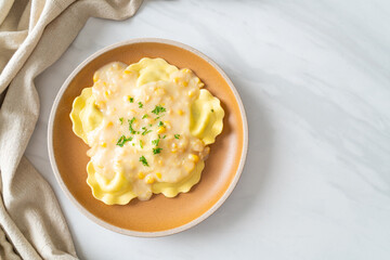 ravioli pasta with corn cheese sauce