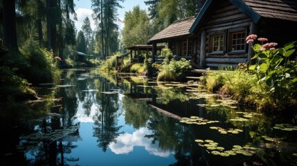 Obraz premium A tranquil Finnish lakeland scene in summer, with a traditional wooden cottage on a peaceful lake, surrounded by birch trees.