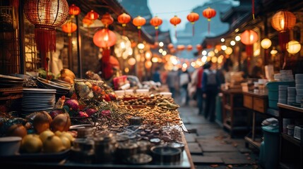 A bustling Asian night market, lit by colorful lanterns and filled with stalls selling exotic street food and handmade crafts.