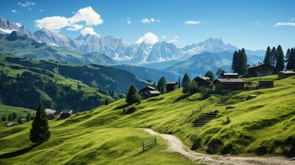 Fototapeta premium A vista of the Italian Dolomites in summer, with lush green meadows, jagged peaks, and a clear blue sky.