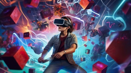 A girl wearing VR headset user, surreal world and virtual reality, AI artificial intelligence man wearing VR glasses virtual global world internet connection and new experience in the future metaverse