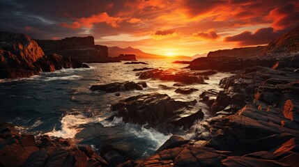 The dramatic Norwegian coastline with its towering cliffs, crashing waves, and the warm glow of the midnight sun.