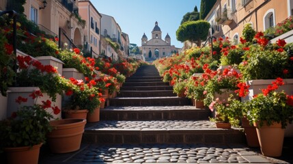 Fototapeta na wymiar A vibrant view of the Spanish Steps in Rome, with flowers in full bloom and the TrinitÃ  dei Monti church in the backdrop.