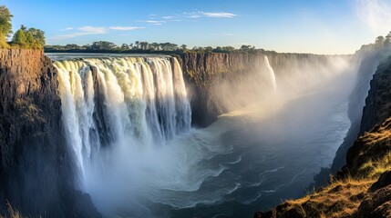 Fototapeta premium A panoramic view of the African Victoria Falls, the 'Smoke that Thunders', with rainbows spanning across the roaring waters.
