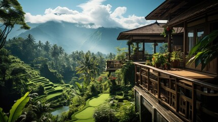 Fototapeta na wymiar The mesmerizingly green rice fields in Bali, terraced on steep slopes and surrounded by palm trees.