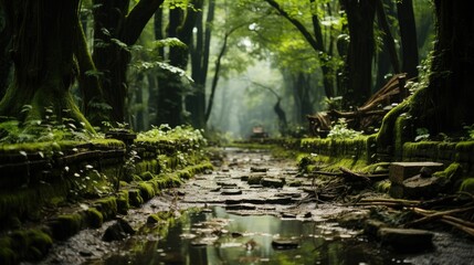 A dense bamboo forest, with towering green stalks swaying in the wind and a carpet of fallen leaves underfoot.