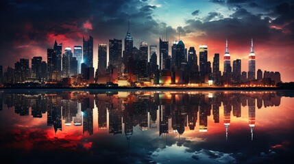 The famous skyline of New York City at sunset, with the lights of skyscrapers reflecting off the Hudson River.