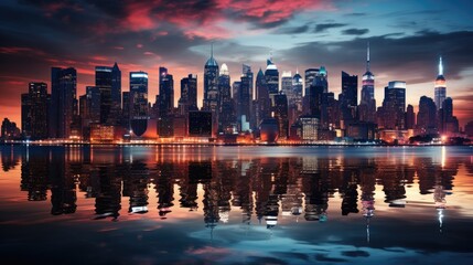 The famous skyline of New York City at sunset, with the lights of skyscrapers reflecting off the Hudson River.