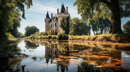 An idyllic scene of the French countryside in the Loire Valley, with a stately ch&Atilde;&cent;teau surrounded by a moat.