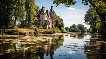 An idyllic scene of the French countryside in the Loire Valley, with a stately chÃ¢teau surrounded by a moat.