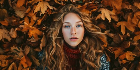 portrait woman high angle autumn forest , autumn leaves