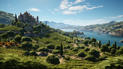 A panoramic view of a rolling vineyard, rows of vines heavy with grapes, and a grand chateau in the distance.