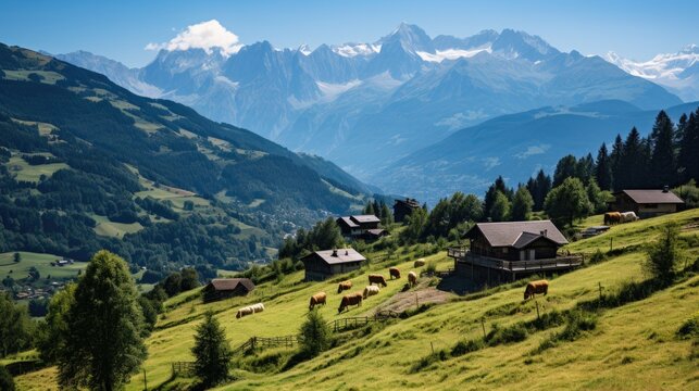 The Swiss countryside in summer, featuring verdant pastures, charming chalets, and majestic mountains in the distance.