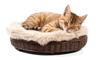 cute cat sleeping in a pet bed, isolated background. Generative AI