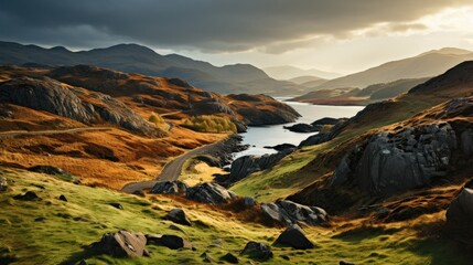 The rugged Scottish Highlands in autumn, with rolling hills covered in hues of russet, ochre, and gold.