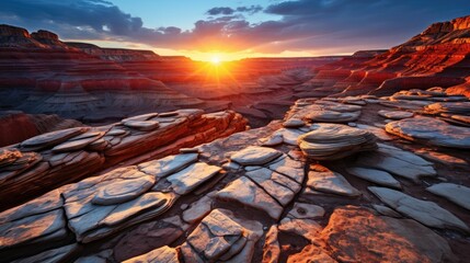 Fototapeta premium A panoramic view of the Grand Canyon during sunset, with layers of red and orange rock formations extending into the horizon.
