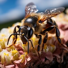 Naklejka premium A close-up view of a bee landing on a clover flower, its legs laden with pollen.