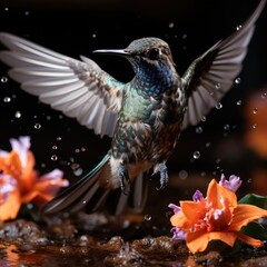 Fototapeta premium A macro look at a hummingbird hovering in front of a flower, its wings a blur of motion as it sips nectar.