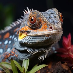 Obraz premium An intimate view of a chameleon in a terrarium, its skin changing color to blend in with its surroundings.