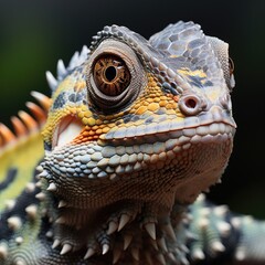 A macro look at a chameleon in a terrarium, its skin changing color to blend in with its surroundings.