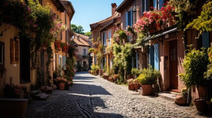 A narrow cobbled lane winding through a quaint, unidentified European village, with rustic houses adorned with window boxes overflowing with blooms.