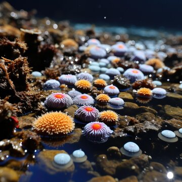 A detailed examination of a vibrant rock pool, populated by darting neon-colored fish, while star-shaped limpets cling to the damp rocks.