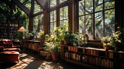 Fototapeta na wymiar A quiet library with towering bookshelves, filled with the scent of old books, and a tall window casting warm sunlight onto a comfortable reading chair.