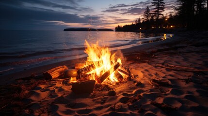 A roaring campfire on a beach, the sparks flying up to meet the star-studded sky, and the gentle sound of waves in the background.
