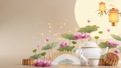 3D rendering for mid autumn festival holiday or chinese new year, chinese festivals with,lanterns, flower, moon, rabbit ,mooncake,tea pot and asian elements on background.
