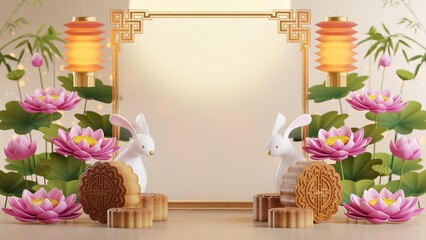 3D rendering for mid autumn festival holiday or chinese new year, chinese festivals with,lanterns, flower, moon, rabbit ,mooncake,tea pot and asian elements on background.