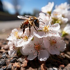 A close-up perspective of a cherry tree branch in full bloom, a single petal falling, and a bee busy collecting nectar.