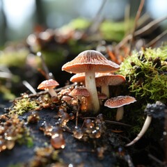 A macro view of a tree stump in a forest, a world of fungi, moss, and tiny insects making a home in the decaying wood.