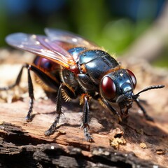 A close-up view of a fly on a leaf, its compound eyes reflecting the world in a myriad of tiny images.