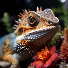 Fototapeta premium A zoomed-in perspective of a chameleon in a terrarium, its skin changing color to blend in with its surroundings.