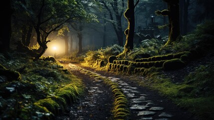 A dark, mysterious forest path leading to a glowing fairy ring under a full moon, and the sound of a distant owl echoing.