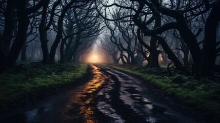 Obraz premium A dark, mysterious forest path leading to a glowing fairy ring under a full moon, and the sound of a distant owl echoing.