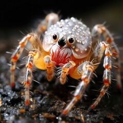 A detailed examination of a spider in its web, the intricate pattern of the web catching the light.
