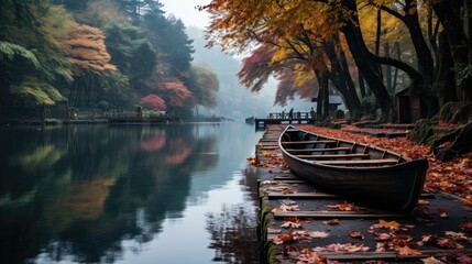 A calm lake surrounded by vibrant autumn foliage, with a wooden jetty stretching into the still waters, and a canoe tied at the end.