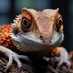 Fototapeta premium A zoomed-in perspective of a gecko on a tree trunk, its camouflaged skin blending in with the bark.