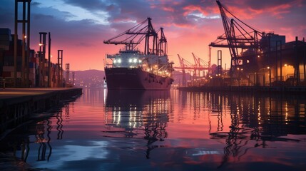 A bustling port at dusk, silhouetted cranes unloading cargo from ships, and a colorful sky reflected in the calm harbor waters.