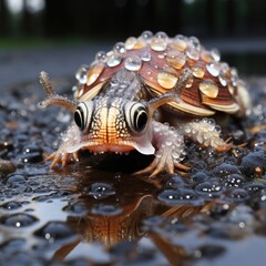 An intimate view of a snail making its way across a dew-laden leaf, the world reflected in the glistening droplets.