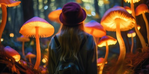 woman at forest Mystical glowing mushroom, Bioluminescent Mushrooms