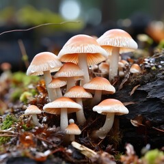 A detailed examination of a cluster of mushrooms on a log, their caps providing shelter for a myriad of tiny insects.