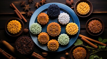 Mooncake, a Chinese traditional pastry for mid-autumn festival. Generative AI