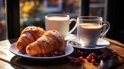 An atmospheric cafe in Paris, with a view of the Eiffel Tower, cobblestone streets, and people enjoying coffee and croissants.