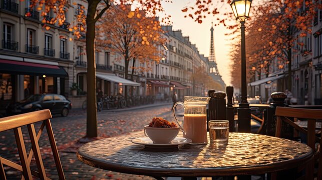 An atmospheric cafe in Paris, with a view of the Eiffel Tower, cobblestone streets, and people enjoying coffee and croissants.